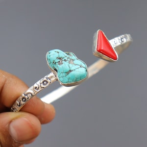 Handmade Turquoise and Coral Gemstone Bangle: Sterling Silver Cuff