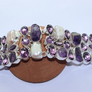 Vintage Raw Amethyst and Pearl stone handmade silver plated bracelet, Charm Bracelet, Statement Bracelet, Gift for her