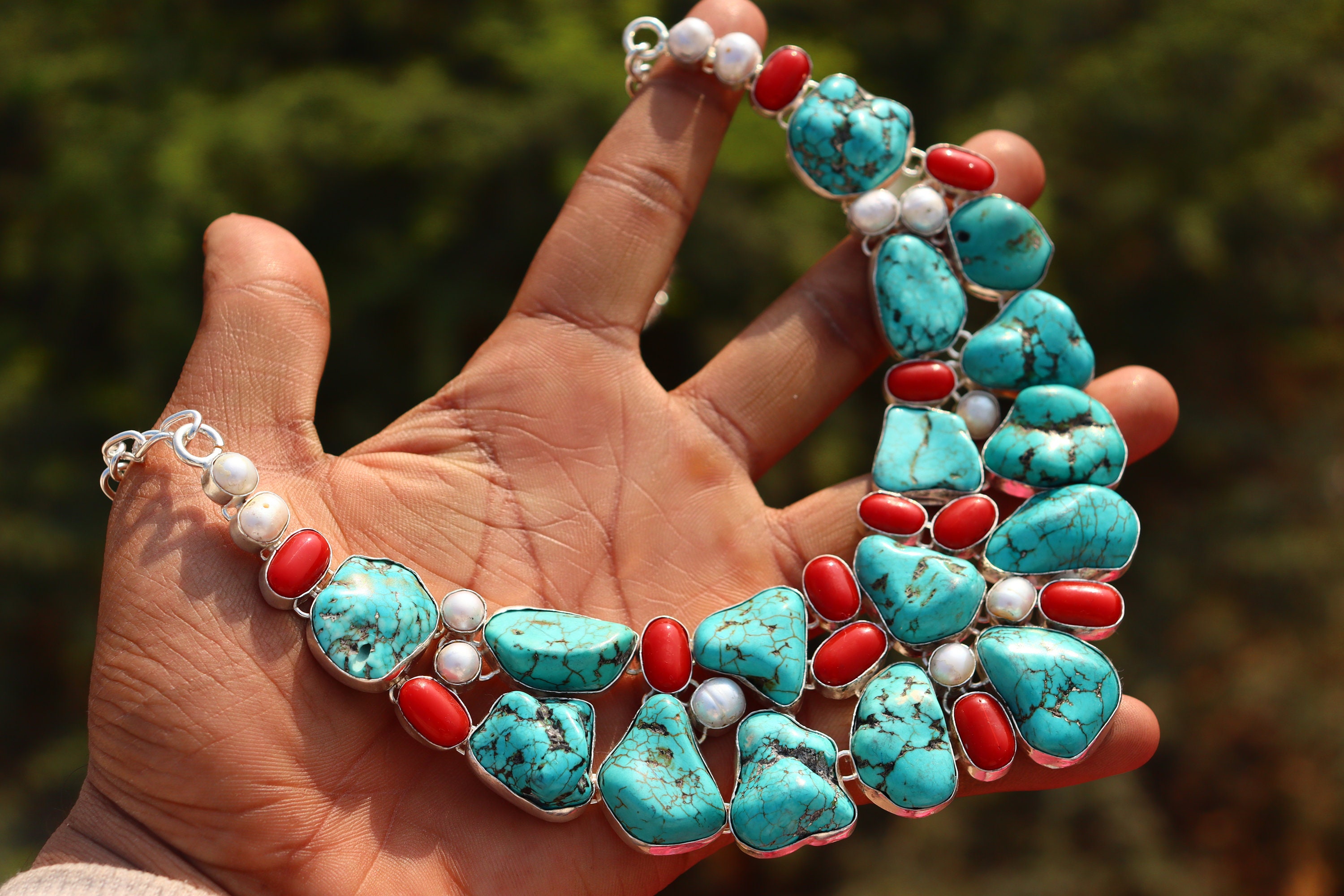 Red Coral Necklace and Turquoise Pendant - Intini Jewels