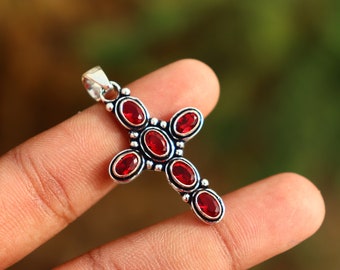 925 Garnet cross| Peace pendant |gemstone cross |Christianity cross |Charm cross pendant, Vintage Garnet Cross, Gift for anyone.