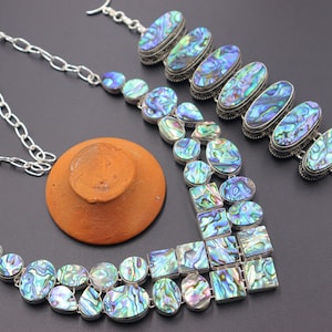 Natural Abalone Shell set| Abalone Gemstone necklace and Bracelet|Charming Sterling silver necklace| Dainty Abalone bracelet, Vintage style.