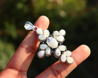 Rainbow Moonstone gemstone Cross Pendant| Christmas gift| Handmade cross |Silver Spiritual Jewelry |Dainty cross |Daily wear cross pendat