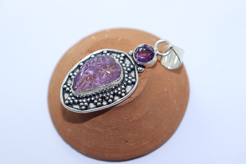 Beautiful Raw Amethyst stone handmade silver plated pendant