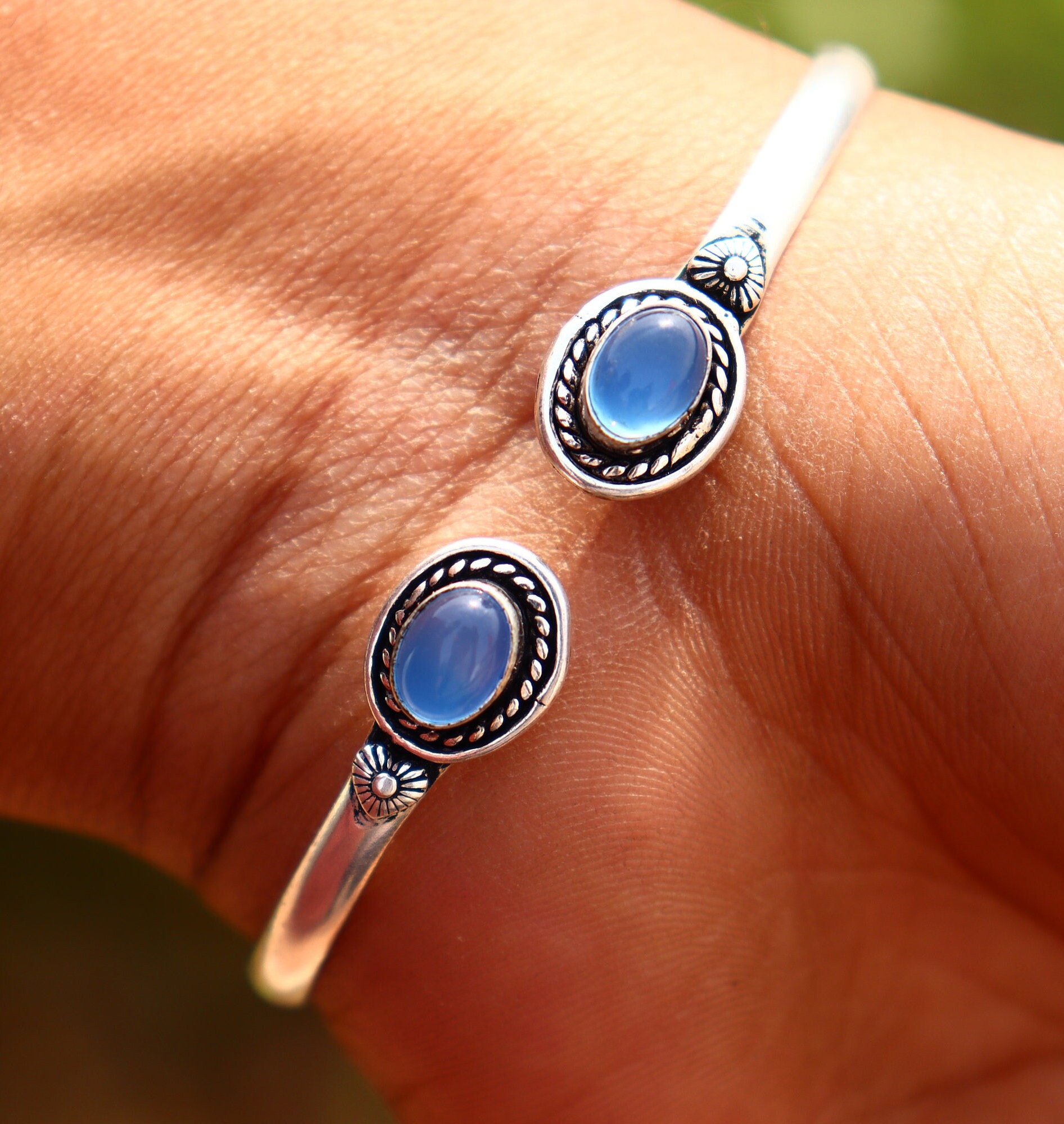 ターコイズストーンバングル：925スターリングシルバー製調節可能な