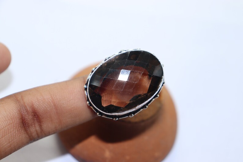 Beautiful faceted glass stone handmade silver plated ring