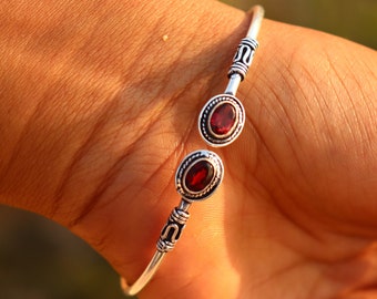 Red Garnet Bracelet: 925 Sterling Silver Filigree Cuff Bangle