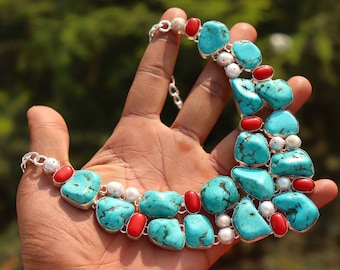 Raw Turquoise Coral Pearl Necklace: Handmade Oxidized Silver Boho Statement