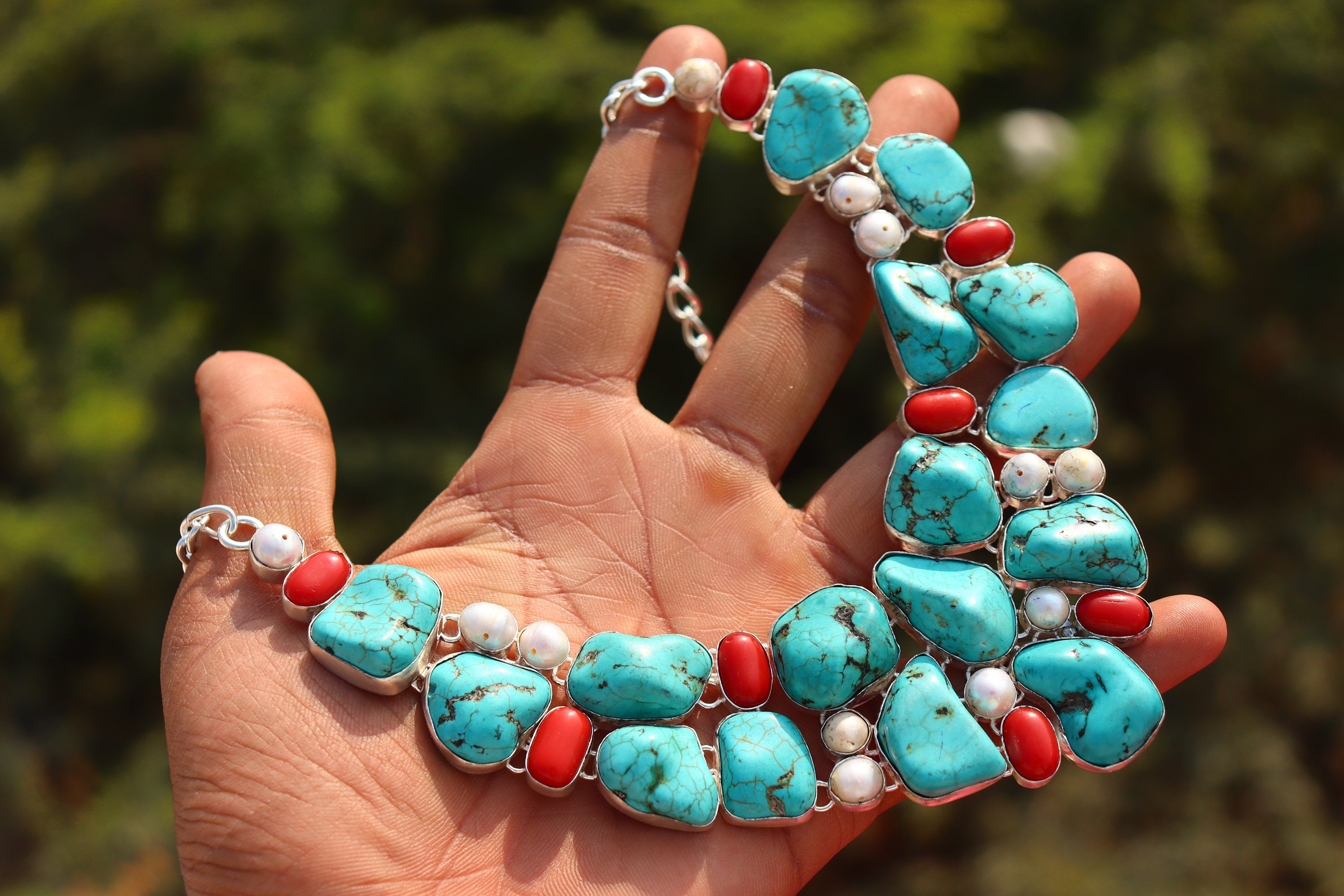 Raw Turquoise Coral Pearl Necklace: Handmade Oxidized Silver Boho 