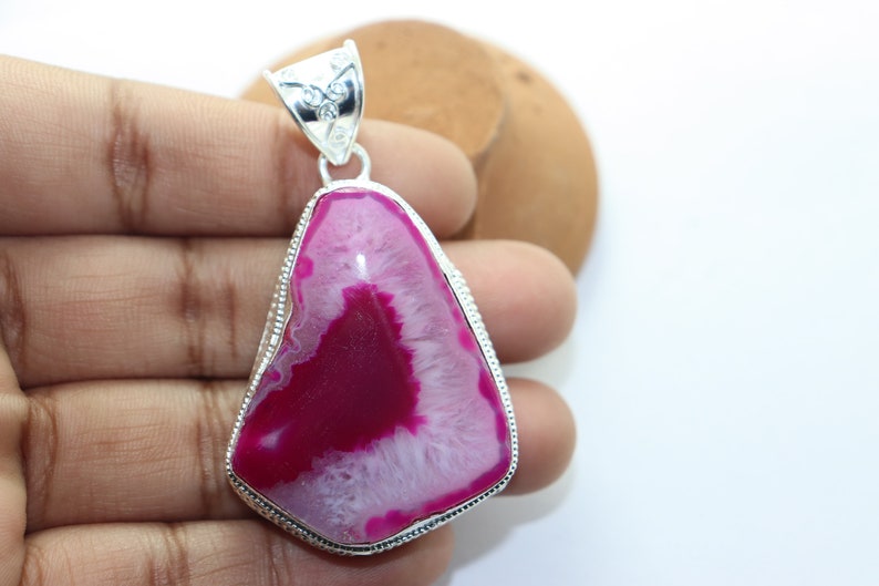 Beautiful Pink Duji stone handmade silver plated pendant.