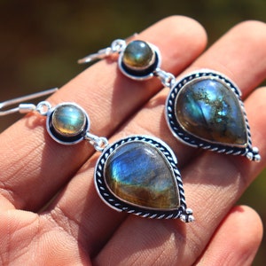 Dainty Labradorite Dangle Earrings: Oxidized Silver Brass