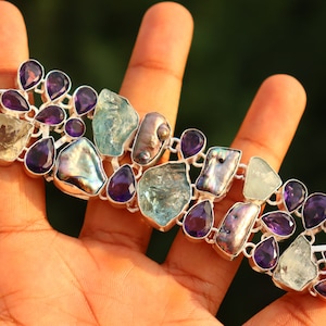 Pulsera de amatista natural y aguamarina cruda / Pulsera de racimo / Pulsera ajustable / Brazalete y pulsera para regalo / Pulsera artesanal