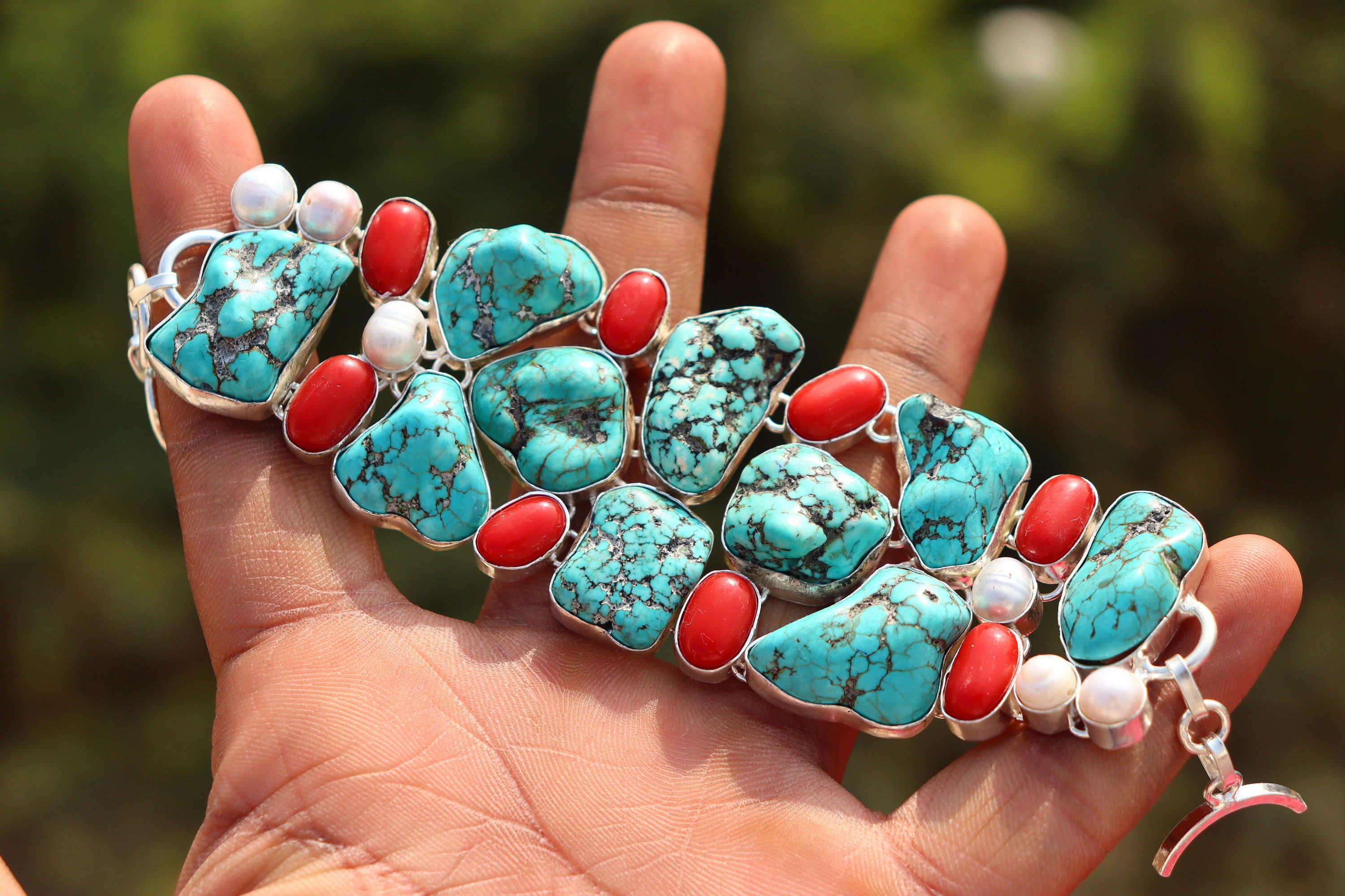 Handmade Turquoise, Coral & Pearl Bracelet: Silver Plated Vintage Jewelry