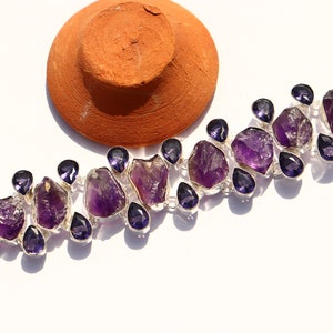 Rough Amethyst stone handmade cluster bracelet | Natural Amethyst sterling silver bracelet | Amethyst cuff & adjustable bracelet for love