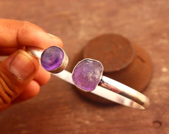 Pulsera de amatista cruda: brazalete de plata de ley 925