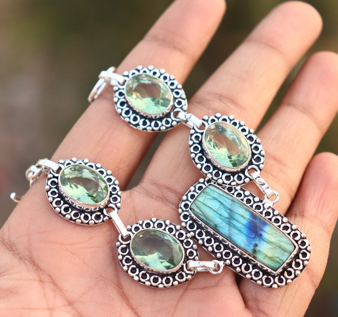 Natural Labradorite and Green Amethyst Stone Handmade Bracelet