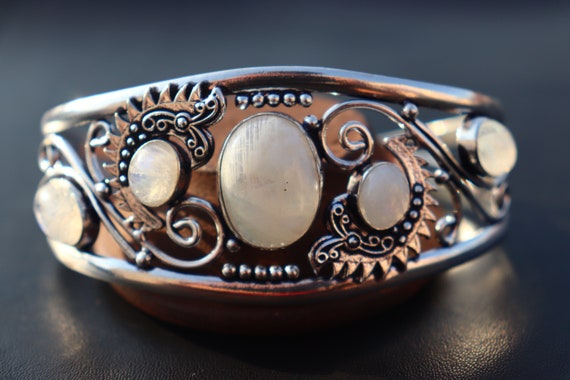 Vintage Moonstone Bangle: Sterling Silver Plated, Handmade