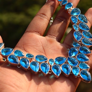 Vintage Blue Topaz Gemstone Necklace: Handmade Silver Plated Brass
