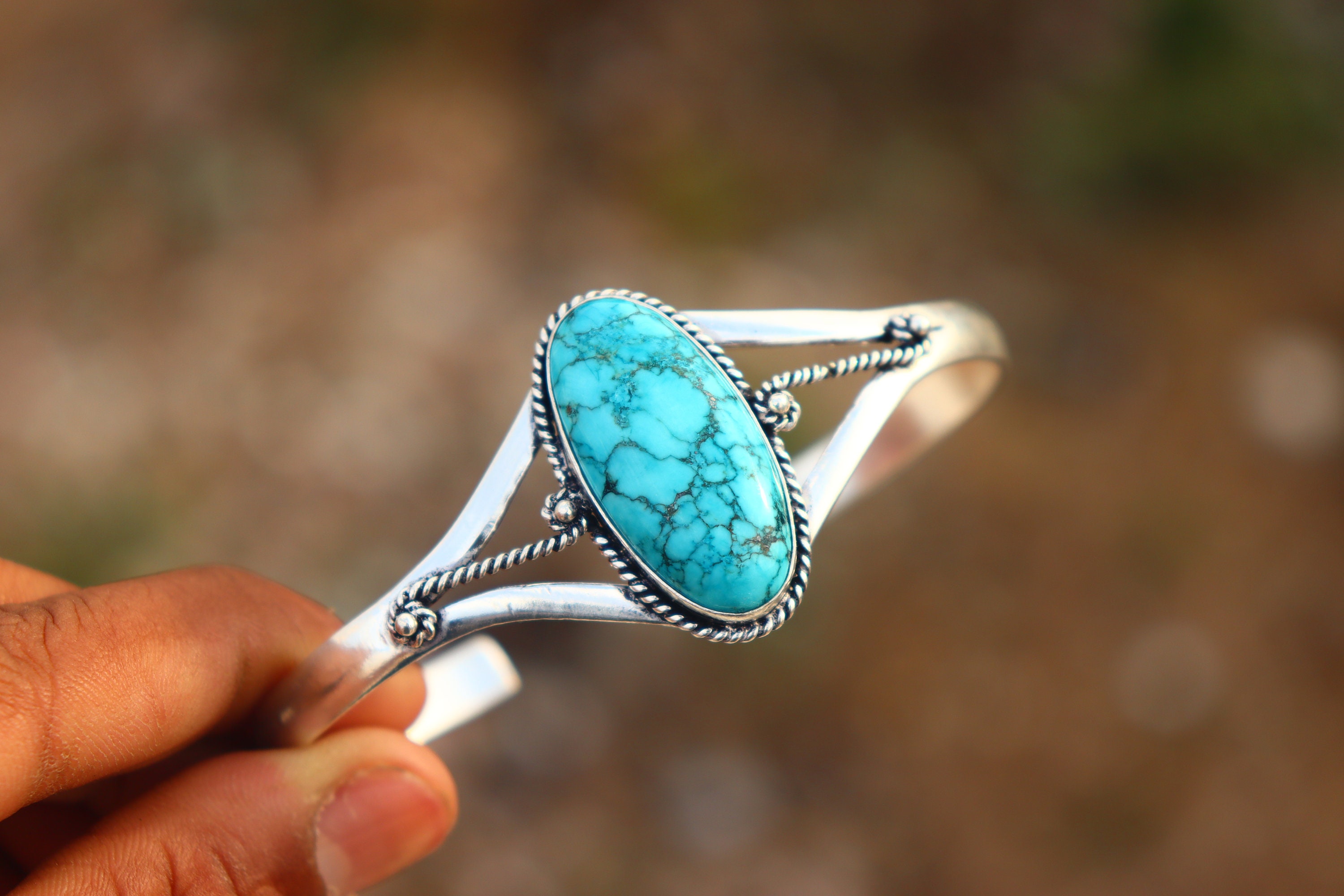 ターコイズストーン シルバーカフバングル ターコイズストーンバングル：925スターリングシルバー製調節可能な