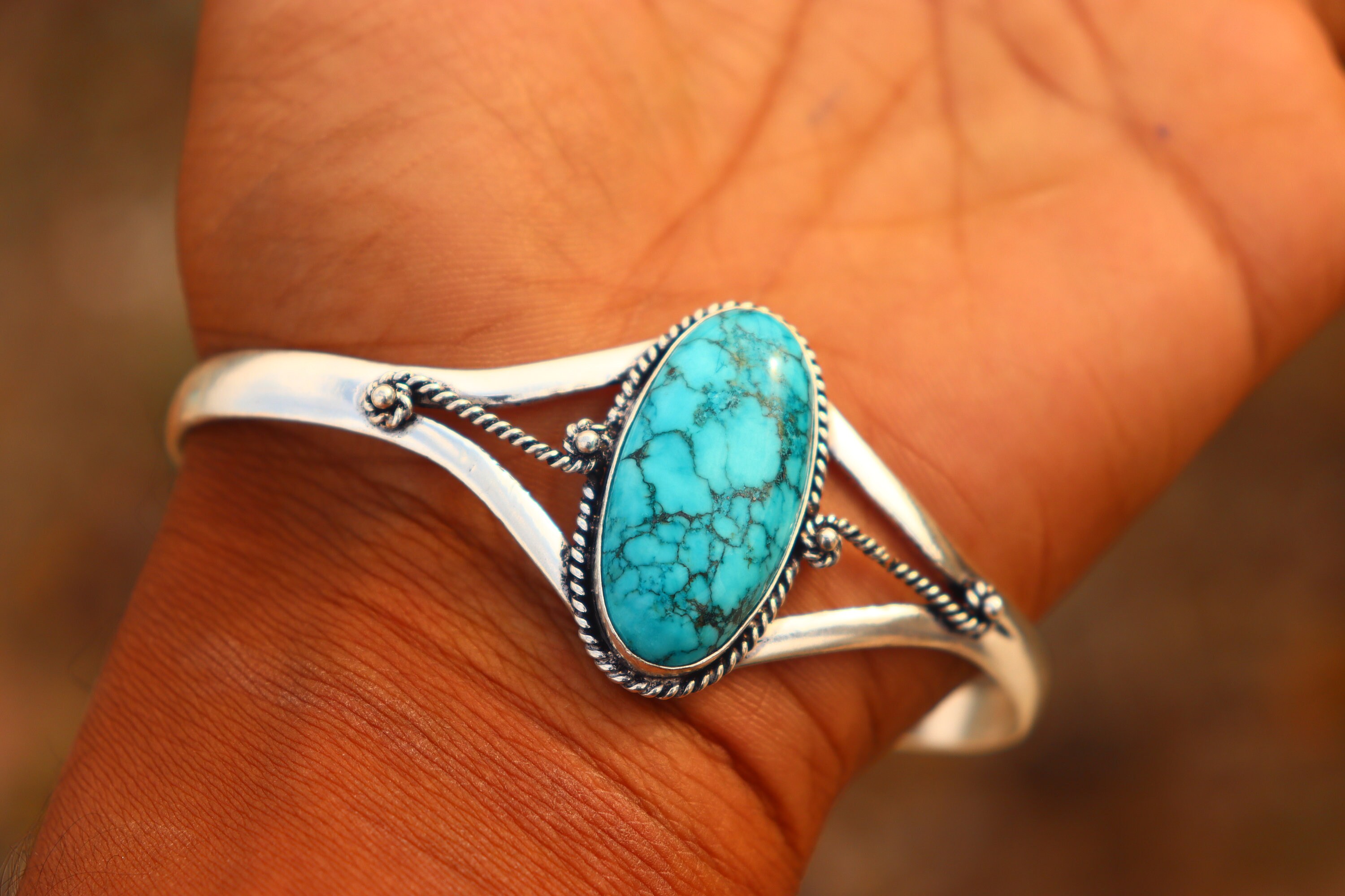 ターコイズストーンバングル：925スターリングシルバー製調節可能な