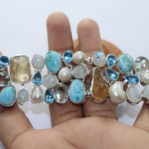 Handmade Silver Plated Bracelet: Moonstone, Citrine, Larimar & Pearl