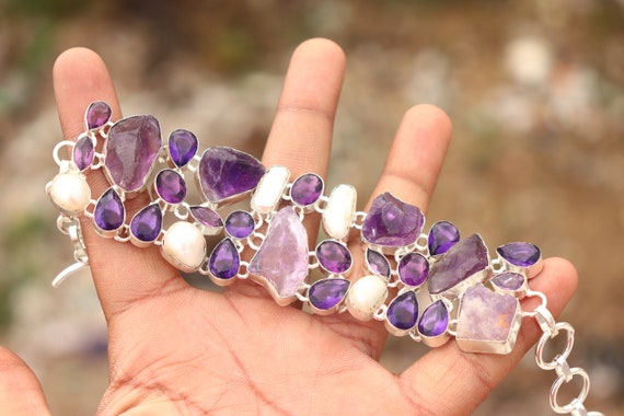 Handmade Raw Amethyst Pearl Bracelet Silver Plated Brass