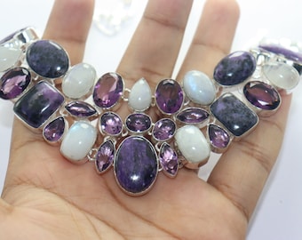 Handmade Charoite Amethyst Moonstone Silver Plated Necklace