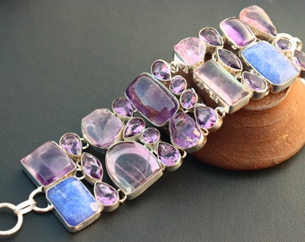 Natural Amethyst and Blue Emerald stone handmade silver plated bracelet |Vintage Amethyst gemstone bracelet| Gift for her on Anniversary.