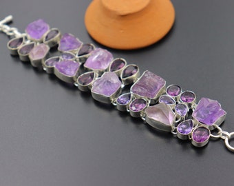 Natural Raw Amethyst gemstone handmade bracelet | Cluster bracelet | Adjustable bracelet | Women's bracelet | Gift for her | Rough Necklace