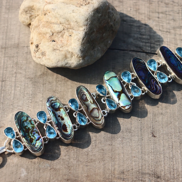 Natural Abalone and Blue Topaz stone handmade cluster bracelet | Natural gemstones bangle | Gift for mother, Friends, Partners