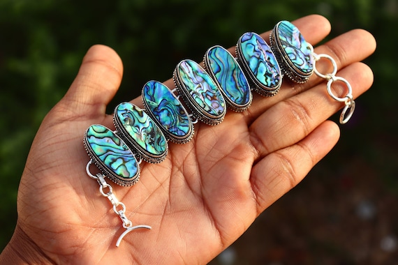 The Most Unique Vintage Abalone Shell Turquoise Sterling Silver Bracelet The Most Unique Vintage Abalone Shell Turquoise Sterling Silver Bracelet
