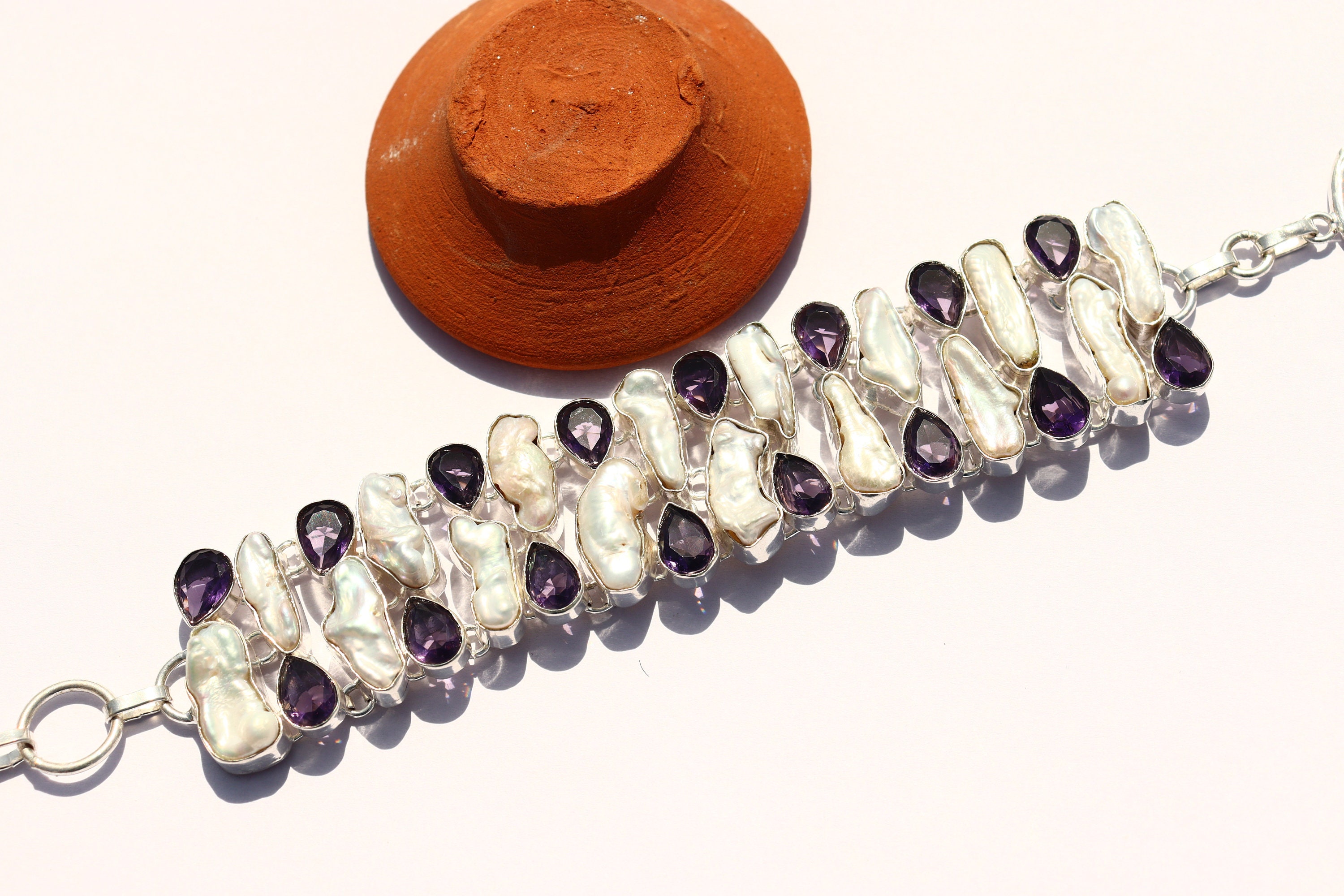 Natural Pearl and Amethyst gemstone handmade bracelet | Vintage Cluster bracelet |Charm bracelet |Boho band| Gift for her on Anniversary