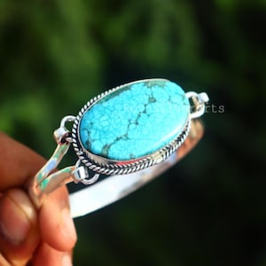 Bracelet jonc en argent sterling turquoise naturel : bijoux en pierres précieuses faits main
