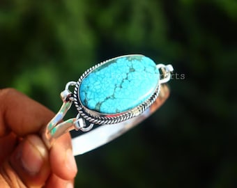 ターコイズストーンバングル：925スターリングシルバー製調節可能な