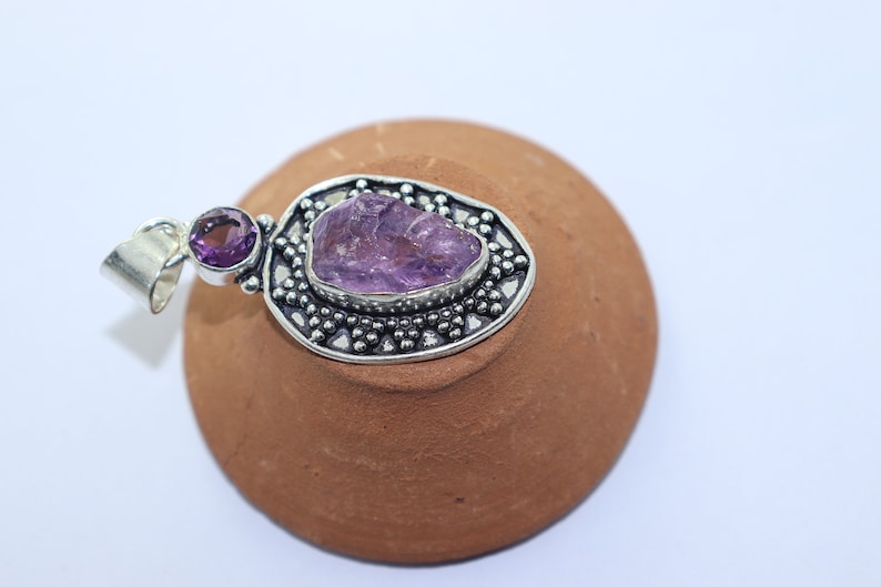 Beautiful Raw Amethyst stone handmade silver plated pendant