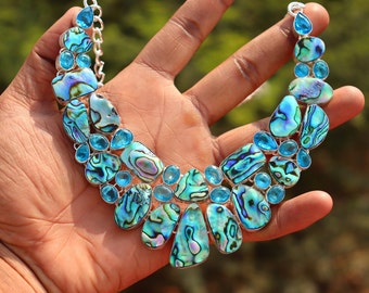 Natural Abalone and Blue topaz | Abalone Gemstone necklace |Statement Sterling silver necklace| Dainty Abalone necklace|Gift for her