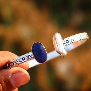 Handmade Sapphire & Pearl Bangle: Oxidized Silver Boho Cuff
