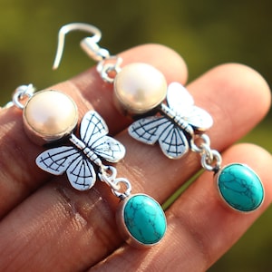 Pearl & Turquoise Butterfly Dangle Earrings - Silver Plated