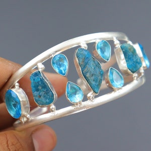 Handmade Sterling Silver Cuff Bangle: Raw Apatite & Blue Topaz Gemstone