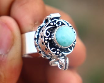 Vintage Larimar Gemstone Poison Ring, Birthstone Poison Ring, 925 Sterling Silver Ring, Designer Larimar Stone Box Ring