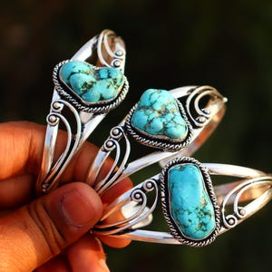 Natural Raw Turquoise Sterling silver Bangle |Vintage Turquoise Bangle |Dainty Turquoise Bangle |Band |Gift for her |Handmade silver bangle.