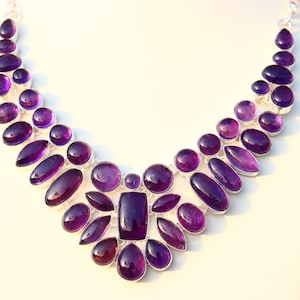 Handmade Amethyst Gemstone Necklace: Silver Plated Brass Statement Jewelry