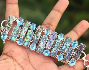 Handmade Abalone & Blue Topaz Cluster Bracelet - Oxidized Silver Boho Jewelry