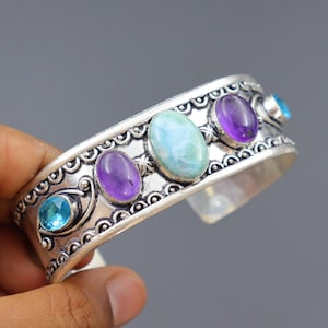 Larimar, Blue Topaz & Amethyst Bangle: Handmade Sterling Silver Cuff