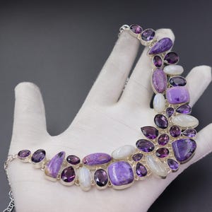Natural Chaoite, Moonstone and Amethyst Sterling Silver Plated Necklace, Handmade silver necklace, Charming necklace, Gift for her.