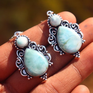 Natürliche Larimar Stein handgemachte Ohrring | Geburtsstein Ohrring | Hängende Ohrring | Silber überzogener Ohrring | Tropfen und Baumeln Ohrringe