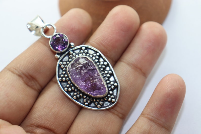 Beautiful Raw Amethyst stone handmade silver plated pendant