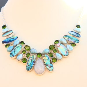 Bestseller/Pietra di luna naturale, Avalon, Larimar e Peridoto/Collana con pietra preziosa Abalone/Collana in argento Sterling/Regalo per lei/Moda