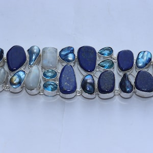 Handmade Lapis, Moonstone & Blue Topaz Silver Plated Bracelet