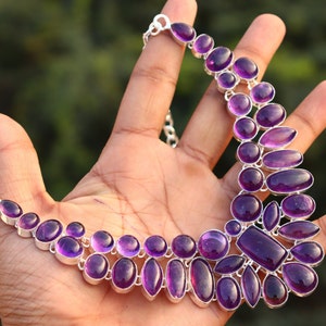 Natural Amethyst gemstone necklace| Statement Handcrafted necklace| Adjustable necklace |Cluster necklace| Sterling silver polish necklace.