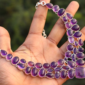 Handmade Amethyst Gemstone Necklace: Silver Plated Cluster Statement Necklace